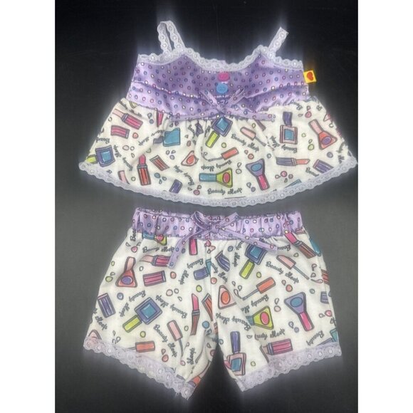 BUILD A BEAR Purple Pink Beauty Makeup Sleep Pajama Night Top Pants Set Of 2 - Picture 1 of 7